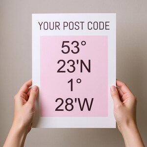 May include: A white rectangular print with the text "YOUR POST CODE" at the top. Below is a pink rectangle with the numbers and symbols: 53°, 23'N, 1°, 28'W. The print is held by two hands.