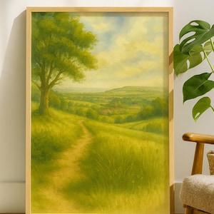 Puede incluir: Pintura de paisaje enmarcada que representa una escena de valle verde. Un camino de tierra serpentea a través de un campo de hierba alta, que conduce a colinas distantes y un cielo nublado. Un gran árbol se encuentra a la izquierda.