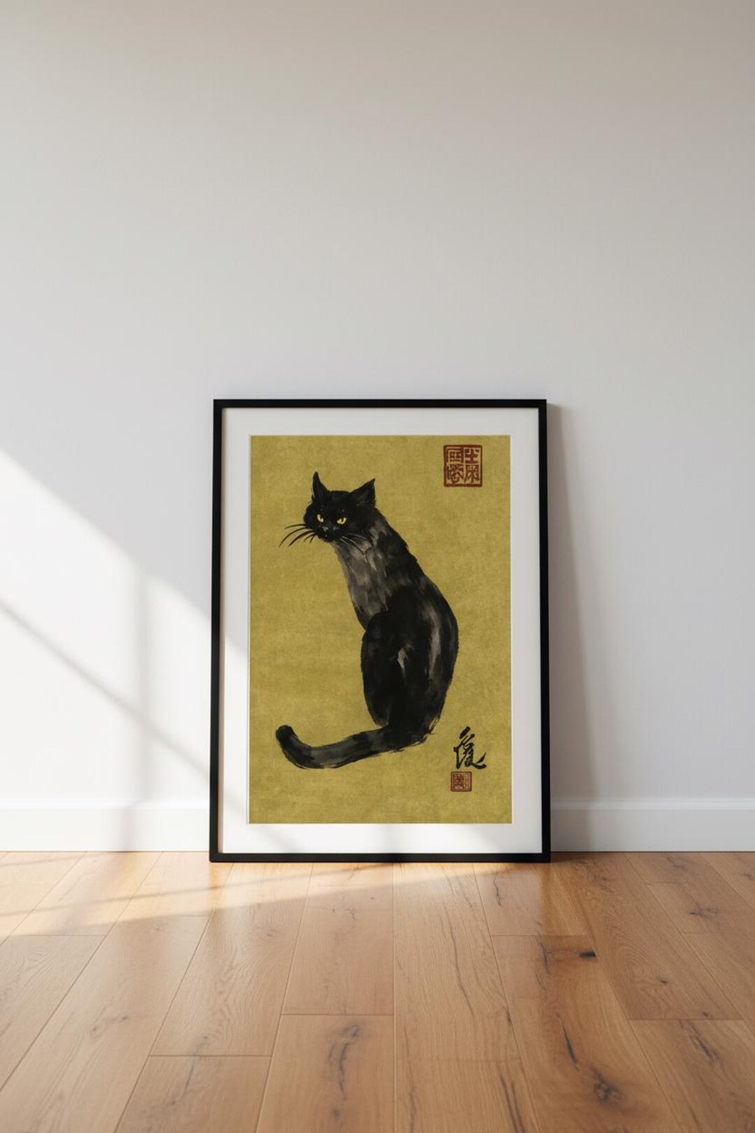 Black Cat Sumi-e Art Print, Japanese Ink Wash Painting, Gold Zen Decor ...