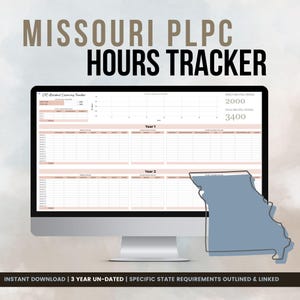 May include: A computer monitor displaying a Missouri PLPC hours tracker spreadsheet. The screen shows tables for Year 1 and Year 2, a graph, and text including 'DIRECT HRS STILL NEEDED 2000' and 'TOTAL HRS STILL NEEDED 3400' with a blue Missouri state outline.