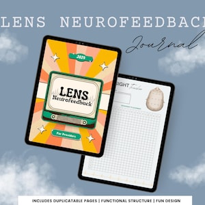 May include: Two digital tablets displaying a journal with the text "LENS Neurofeedback" and "Journal". One tablet has a retro-style design with a television screen graphic. The other tablet shows a grid for tracking sight.