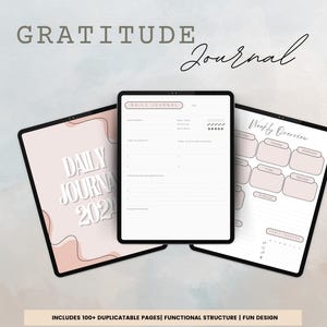 May include: A digital planner template for a gratitude journal. The template includes a daily journal section, a weekly overview section, and a calendar section. The template is designed with a pink and white color scheme and features a modern, minimalist design.