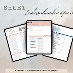 May include: A digital sheet with the title "SHEET Individualization" and the text "Phase 1" in a black and white color scheme. The sheet includes a table with the text "PRODUCT BYT CLIENT HAS STILL NEEDED 347 INSTRUCTION ARE STILL NEEDED 148".