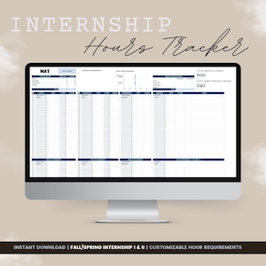 May include: A digital printable internship hours tracker for May. The tracker has columns for weekly hours, total hours, and project details. The total hours required are 600 and the total direct hours are 240.