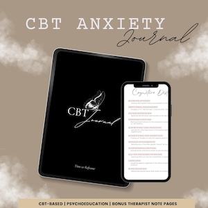以下が含まれることがあります： 蝶のグラフィックと「CBT Journal」というテキストが表紙に書かれた黒いデジタルジャーナル。小さな画面には、「認知の歪み」のリストが白のテキストで黒の背景に表示されています。「CBT-BASED | PSYCHOEDUCATION | BONUS THERAPIST NOTE PAGES」というテキストが画像の下部に表示されています。