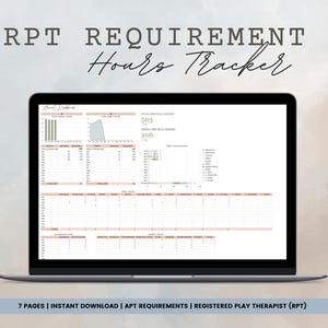 Puede incluir: Una pantalla de computadora portátil que muestra una hoja de cálculo con el título "RPT Requirement Hours Tracker". La hoja de cálculo incluye un gráfico, números y un calendario. El texto "7 PAGES | INSTANT DOWNLOAD | APT REQUIREMENTS | REGISTERED PLAY THERAPIST (RPT)" se muestra en la parte inferior de la pantalla.
