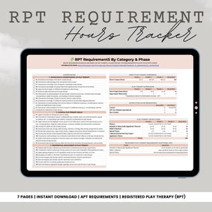 Può includere: Un download digitale stampabile per i terapisti del gioco registrati (RPT) per tenere traccia delle loro ore richieste per categoria e fase. Il documento è intitolato "RPT Requirements By Category & Phase".