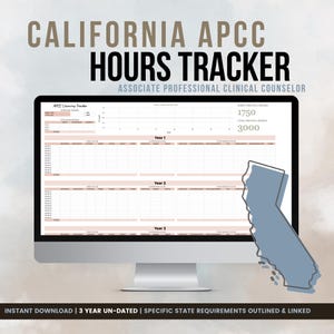 Op de afbeelding: Een computermonitor toont een California APCC Hours Tracker. Het scherm toont een spreadsheet met secties voor het bijhouden van uren over drie jaar. De tekst bevat "Associate Professional Clinical Counselor" en "Instant Download". Een blauwe omtrek van Californië staat rechts.
