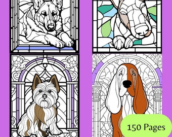 Dogs Stained Glass Coloring Pages - 150 Page Bundle (Digital Download)