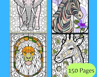 Pagine da colorare con animali dello zoo in vetro colorato, tassellature (150 pagine) (download digitale)