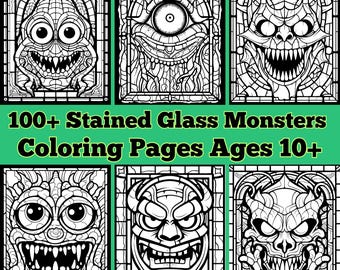 100 mostri - Pacchetto di pagine da colorare in stile vetrata per bambini dai 10 anni in su