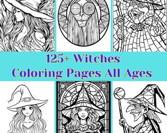 Libro da colorare sulle streghe – 125+ pagine, mosaico e vetrate (PDF e PNG)