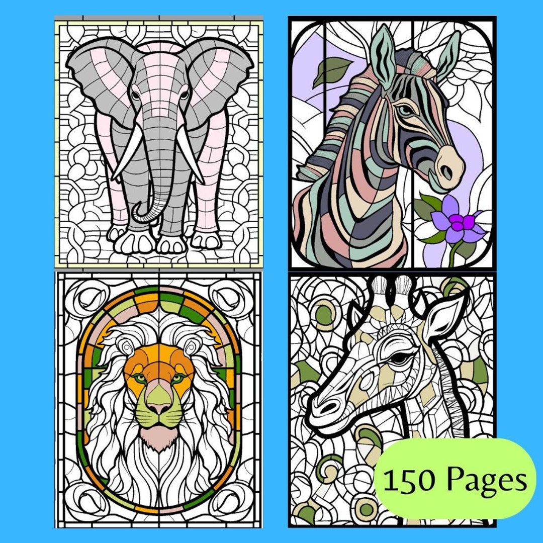 Wild Zoo Animals Coloring Page Bundle 150 PAGES Stained Glass