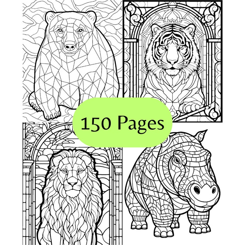 Wild Zoo Animals Coloring Page Bundle 150 PAGES Stained Glass