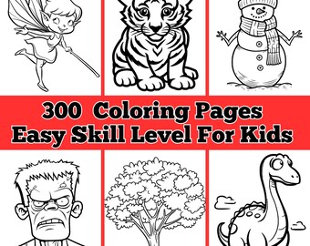 Pagine da colorare per bambini, 300 facili stampabili, temi assortiti (download digitale)