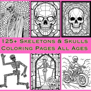 Skulls and Skeletons Coloring Pages - 125+ Hand Touched Pages - All Ages Digital Download PDF & PNGs - Traditional, Mosaics, Stained Glass