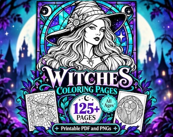 Puede incluir: Una portada de libro para colorear digital titulada WITCHES COLORING PAGES con una ilustración central de una bruja con sombrero de ala ancha. El texto incluye 125+ PAGES, All Ages y Printable PDF and PNGs. Diseño en tonos azules y morados.