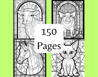 Farm Animals Coloring Pages, Stained Glass & Tessellation (150 Pages) (Digital Download)