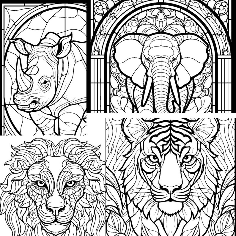 Animals Coloring Page Bundle 250 PAGES Stained Glass & Tessellations