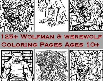 Pagine da colorare di lupo mannaro e uomo lupo - 125+ pagine toccate a mano - Tutte le età - Download digitale PDF e PNG - Tradizionale, mosaici, vetrate colorate