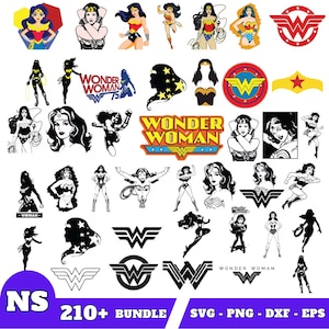 May include: A large collection of Wonder Woman themed digital cut files. The images include Wonder Woman's logo, her face, and various poses of her in her iconic costume. The text "Wonder Woman" and "W75" are also included. The images are in black and white and color.