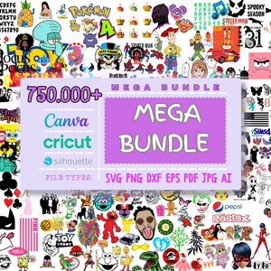 750 000 MEGA BUNDLE, dessin animé, superposition, design unique, svg pour gobelets, polices de caractères, super-héros, film, Halloween, Noël, t-shirt et plus encore.