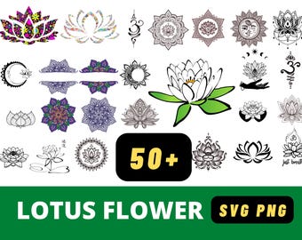 Lotusbloem SVG-bundel · Lotus Svg, PNG, snijden, lasergravure bestanden, sublimatie · spirituele yoga unalome om symbool clipart