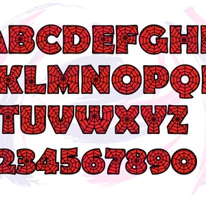 Paquete de fuentes Svg de Spiderman, superhéroe, alfabeto, letras, números, capas