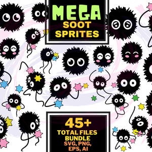 Może przedstawiać: Zestaw ponad 45 czarno-białych ilustracji duszków sadzy. Duszkowie są w różnych pozach, niektórzy trzymają gwiazdy. Tekst "MEGA SOOT SPRITES" i "45+ TOTAL FILES BUNDLE SVG, PNG, EPS, AI" jest zawarty w obrazie.