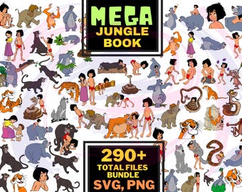 Paquete de imágenes SVG y PNG de El Libro de la Selva, paquete de sublimación de El Libro de la Selva, imágenes prediseñadas para fiesta de cumpleaños con temática de la película de dibujos animados de Mowgli El Libro de la Selva