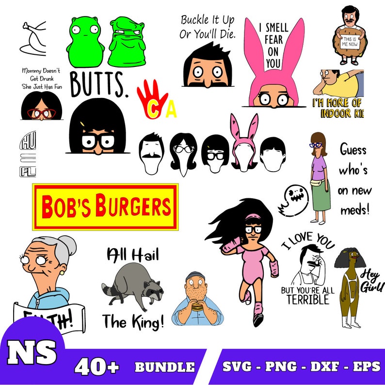 Puede incluir: Un conjunto de m&aacute;s de 40 archivos digitales SVG, PNG, DXF y EPS con tem&aacute;tica de Bob's Burgers. Las im&aacute;genes incluyen personajes del programa, como Bob, Linda, Tina, Gene, Louise, Teddy y Mr. Fischoeder. Las im&aacute;genes tambi&eacute;n incluyen varias citas y frases del programa, como "All Hail The King!" y "I Smell Fear On You".