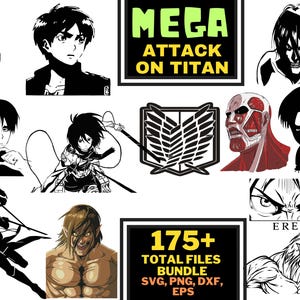 May include: A black and white digital illustration set featuring characters from the anime series Attack on Titan. The set includes 175+ files in SVG, PNG, DXF, and EPS formats. The text "MEGA ATTACK ON TITAN" is displayed in a green box at the top of the image.
