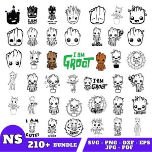Könnte beinhalten: Ein Set mit über 210 Schwarzweiß-Clipart-Bildern, die einen Comic-Charakter namens Groot zeigen. Die Bilder zeigen verschiedene Posen und Ausdrücke von Groot, darunter Groot, der "Ich bin Groot" und "Ich bin süß!" sagt.