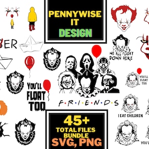Può includere: Una collezione di grafiche a tema horror con il clown Pennywise, altri personaggi horror, palloncini rossi ed elementi testuali come "LOSER" e "YOU'LL FLOAT TOO". Include il testo "PENNYWISE IT DESIGN" e "45+ TOTAL FILES BUNDLE SVG, PNG."