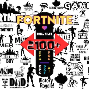 Könnte beinhalten: Ein digitaler Download von über 2100 SVG-, PNG-, DXF-, EPS- und AI-Dateien mit Fortnite-Motiven. Die Grafiken umfassen Geburtstags-, Gamer- und andere Fortnite-Designs.