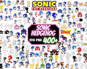 May include: A collection of over 400 Sonic the Hedgehog character SVG and PNG files. The image features a variety of characters from the Sonic the Hedgehog franchise, including Sonic, Tails, Knuckles, Amy, Shadow, and more. The characters are depicted in various poses and expressions, and some are in color while others are in black and white.