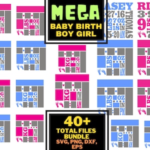 Puede incluir: Un conjunto de más de 40 archivos digitales para crear anuncios de nacimiento de bebés. Los archivos incluyen una variedad de diseños con huellas de pies, corazones y cuadros de texto para el nombre del bebé, su peso, su longitud y la hora de su nacimiento. Los diseños están disponibles en rosa y azul para bebé niña y bebé niño.