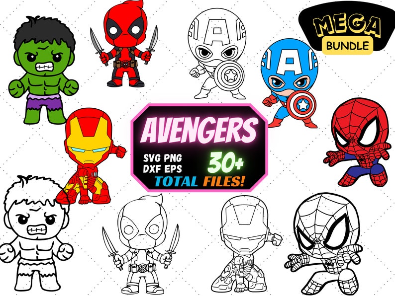 May include: A set of 30+ digital cut files featuring cartoon illustrations of Avengers characters, including Hulk, Iron Man, Captain America, Spiderman, Deadpool, and more. The files are available in SVG, PNG, DXF, and EPS formats.