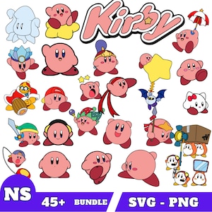 May include: A collection of 45+ digital cut files featuring the pink character Kirby and other characters from the Kirby video game series. The files are in SVG and PNG format.