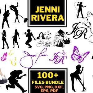 May include: A digital download of 100+ files featuring a variety of black and white illustrations. The illustrations include a singer with a microphone, a butterfly, a signature, and the text "JENNI RIVERA". The text "100+ FILES BUNDLE SVG, PNG, DXF, EPS, PDF" is also included.