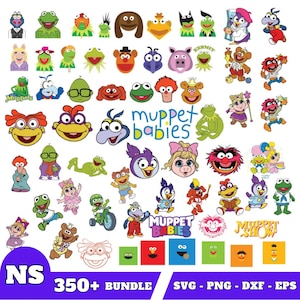 Könnte beinhalten: Ein digitales Download-Paket mit über 350 Muppet Baby SVG-, PNG-, DXF- und EPS-Dateien. Das Bild zeigt eine Vielzahl von Muppet Baby-Charakteren, darunter Animal, Miss Piggy, Fozzie Bear und Kermit der Frosch. Der Text "muppet babies" ist in der Mitte des Bildes zu sehen.