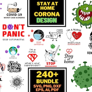 Puede incluir: Una colección de más de 240 diseños digitales con varias ilustraciones relacionadas con la pandemia de COVID-19. Los diseños incluyen frases como "Quédate en casa", "No te asustes", "Detén el coronavirus" y "¿Cuál es tu superpoder?" Los diseños están en una variedad de colores, incluyendo verde, rojo, negro y blanco.