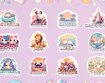 Holographic Kawaii Zodiac Sticker | Aquarius, Aries, Cancer, Capricorn, Gemini, Leo, Libra, Pisces, Scorpio, Taurus, Virgo, Sagittarius