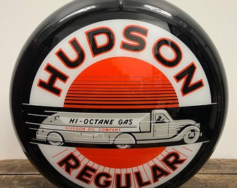 HUDSON GASOLINE Reproduction 13.5" Gas Pump Globe - (Black Body)