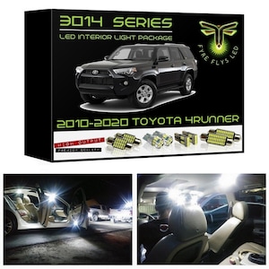 Puede incluir: Un Toyota 4Runner negro del 2014 con un paquete de luces interiores LED blancas. El paquete incluye un conjunto de bombillas LED para las luces interiores, la luz del techo, las luces de mapa y la luz de la matrícula. El paquete está etiquetado como "3014 Series LED Interior Light Package" y "High Output Premium Quality".
