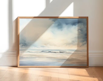 May include: A framed watercolor painting of a seascape with a cloudy sky, waves crashing on the shore, and a sandy beach.