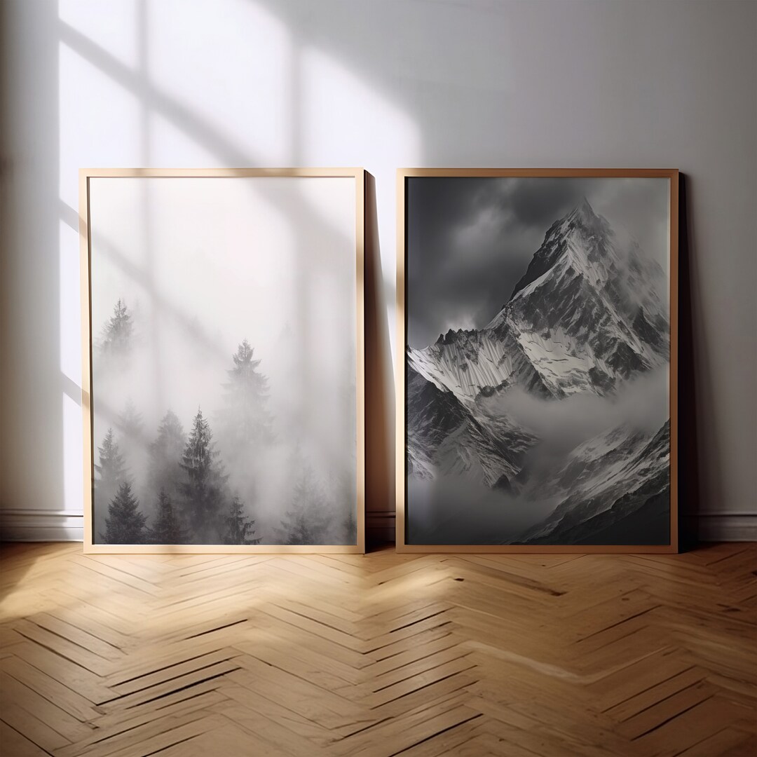 Misty Mountain Forest Print Set | Monochrome Landscape (digital ...