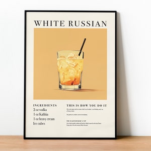 Impresión de cóctel ruso blanco / Cartel de cóctel / Impresión de cóctel retro / Cóctel imprimible / Cócteles clásicos / Decoración de carrito de bar