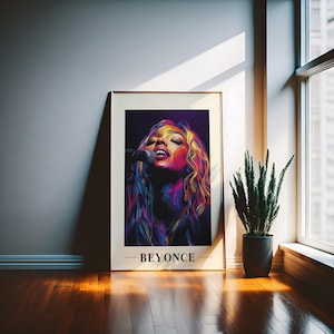May include: A colorful, abstract portrait of a woman singing into a microphone. The background is dark and the woman's hair is long and flowing. The text "BEYONCE" is printed below the image.