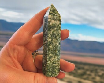 May include: A green and white crystal point held in a hand. The crystal is a light green color with white marbling. The crystal is a tall, slender shape with a pointed top. The background is a blurred landscape with a blue sky.